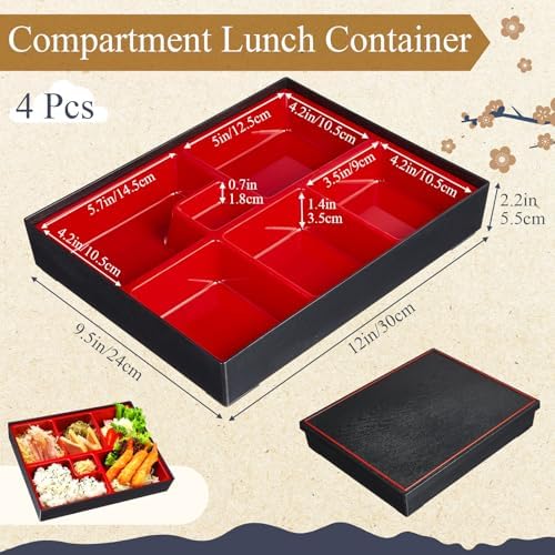 Teenyyou 4 Pcs 12 x 9.5 x 2.2 inches Japanese Bento Box Adult 6 Compartments Divided Japanese Food Presentation with Greaseproof Restaurant Bento Tray Sushi Tray Gift for Sushi Home Restaurant