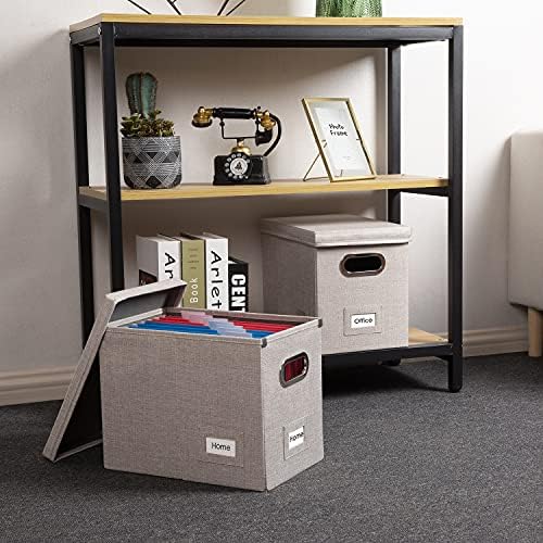 PRANDOM File Organizer Box - Set of 1 Collapsible Decorative Linen Filing Storage Hanging File Folders with Lids Office Cabinet Letter Size Light Grey (14x9.3x10.8 inch)