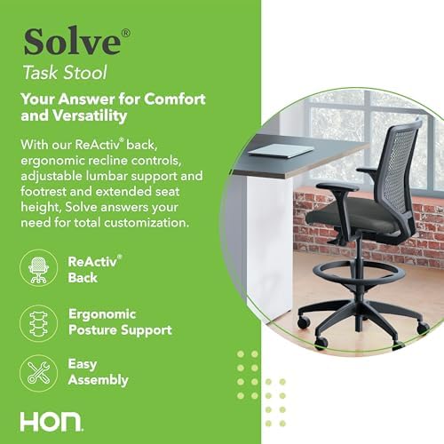 HON Solve Ergonomic Stool, Office Chair, Footring, ReActiv Back, Black