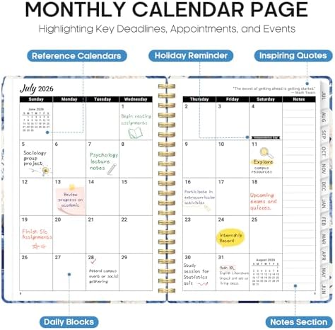 Planner 2026-2027, Monthly & Weekly Jul 2026-Jun 2027 Calendar Book | 6.3" x 8.5", Hardcover Spiral Planner with Tabs, School & Daily Pretty Agenda for Women, Students, Teachers, Hydrangea Bloom