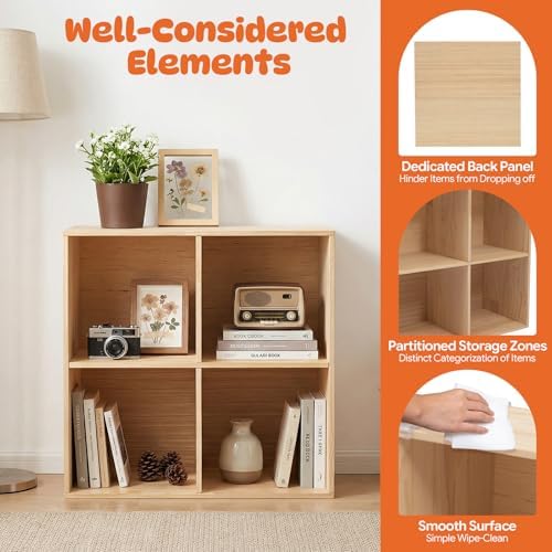 4 Cube Storage Organizer - Solid Wood Bookshelf - Cube Shelf - Vertical or Horizontal Bookcase - Open Book Shelf - Easy Assembly for Bedroom, Living Room, Office