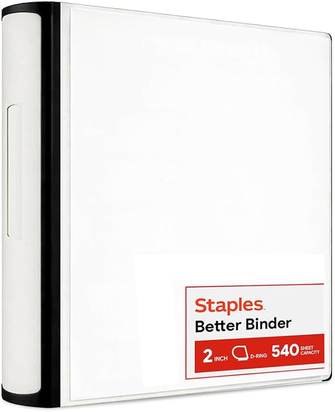 Staples Better Binder, 2 Inch 3-Ring, White, Heavy-Duty | Reinforced binder built for school and office document organization.