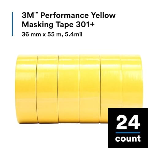 3M Performance Yellow Masking Tape 301+, 36 mm x 55 m, 6.3 mil | 24 Roll/Case, High Performance Holding and Masking Tape for Automotive, Specialty Vehicle and Industrial Markets