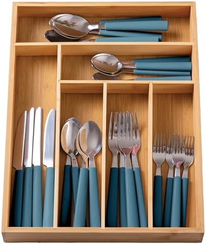 COOK WITH COLOR Bamboo Kitchen Utensil Set with Drawer Organizer | Cooking Tools and Storage Caddy, Blue, 25 Piece Cutlery Set