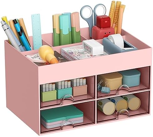 Marbrasse Pen Organizer with 4 Drawer, Multi-Functional Pencil Holder for Desk, Desk Organizers and Accessories with 4 Compartments + Drawer for Office Art Supplies (pink)