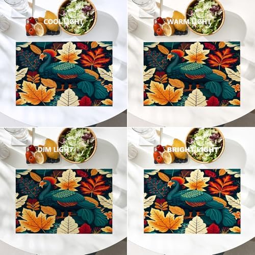 Batmerry Turquoise Thanksgiving Turkey Linen Placemats Set of 4, Autumn Berries Leaves Washable Table Mats for Kitchen Table Thickened Heat Insulation Dining Set Indoor Outdoor 12X18 in