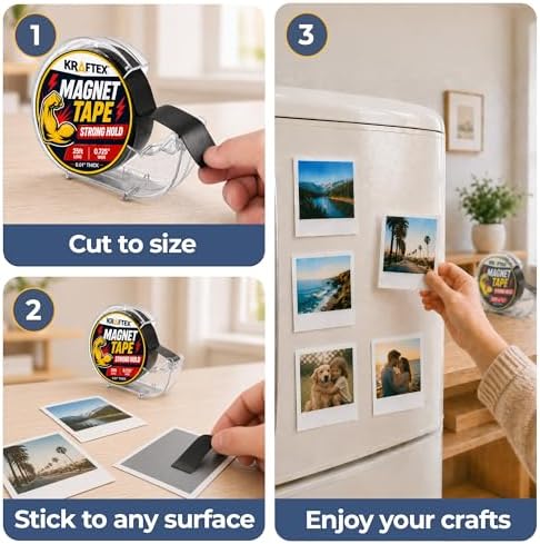 Kraftex Magnetic Tape Dispenser: 25ft x 3/4" Magnetic Strips with Adhesive Backing. Sticky, Flat Magnets for Crafts, Magnet Labels & Stickers. Magnets with Adhesive Backing Great for Home and School
