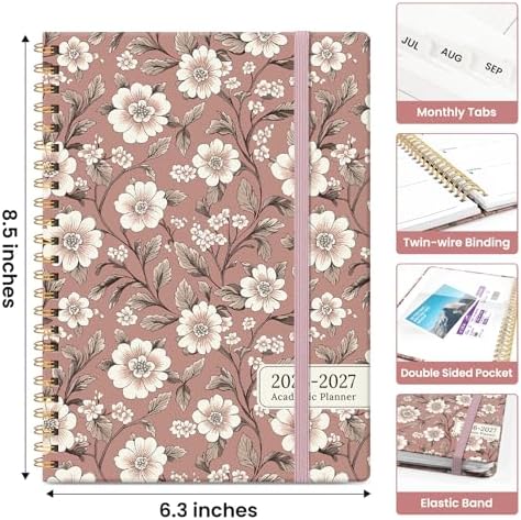 Planner 2026-2027, Jul 2026-Jun 2027 Academic Monthly & Weekly Planner | 6.3" x 8.5" Hardcover Pretty Calendar Planner for Women, Spiral Organizer for School Office Home Supplies, Blush Petals