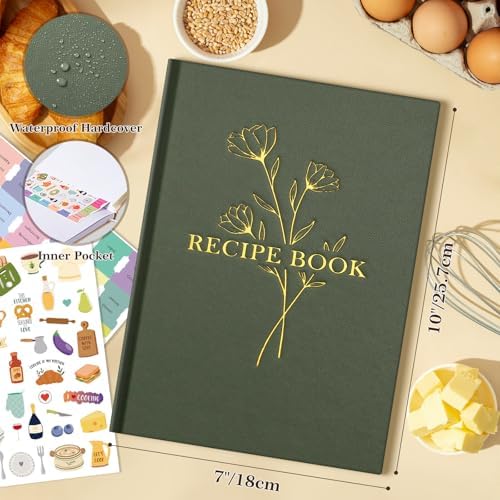 Lanpn Blank Recipe Book Cookbook to Write in Your Own Recipes, Waterproof B5 Empty Cooking Journal for 120 Recipes, Leather Cover Recipe Notebook with Stickers to Organize Your Family Recipes, Green
