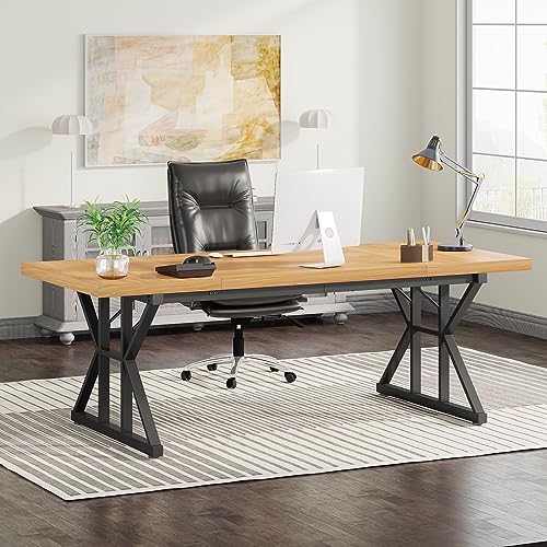 Tribesigns 70.8-Inch Executive Desk, Large Computer Office Desk Workstation, Modern Simple Style Laptop Desk Study Writing Table Business Furniture for Home Office (Light Walnut/Black, 70.8 Inch)