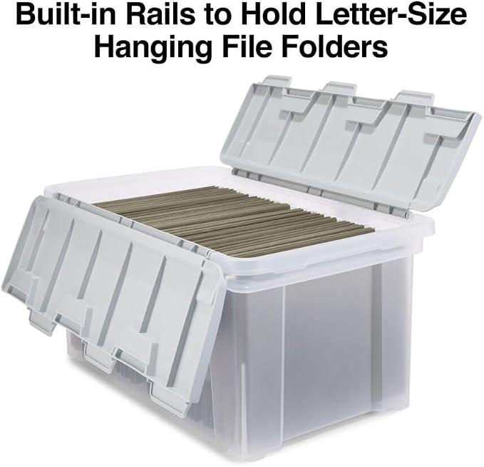 STAPLES Wing Lid File Totes, Letter Size, Clear, 2/Pack | Stackable storage totes for transporting and organizing hanging files.