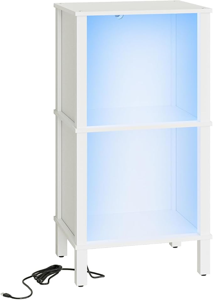 Bookshelf with LED Lights, Modern 2-Tier Bookcase, Open Storage Book Shelf, 11 × 14.2 × 27.4 Inches, Small Narrow Bookshelves for Living Room, Home Office, Bedroom, White