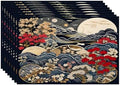 Batmerry Flowers Waves Placemats, Beautiful Nature Scene with Moon Washable Linen Table Mats for Kitchen Table Double Insulation Decor Dining Set Indoor Outdoor 12X18 in Set of 8