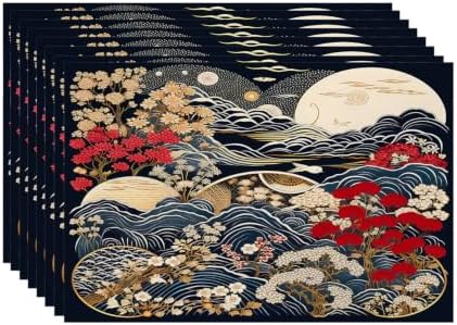 Batmerry Flowers Waves Placemats, Beautiful Nature Scene with Moon Washable Linen Table Mats for Kitchen Table Double Insulation Decor Dining Set Indoor Outdoor 12X18 in Set of 8