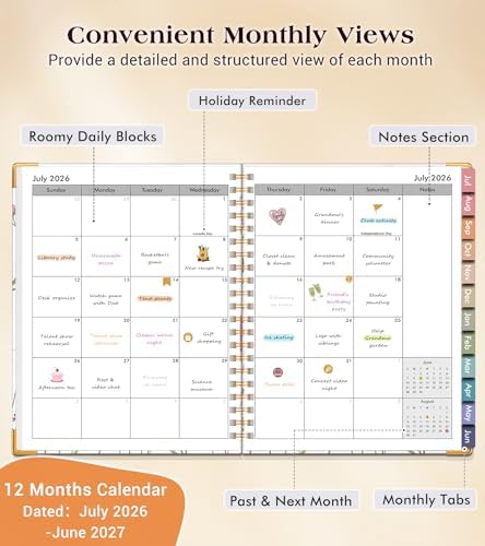 Academic Planner 2026-2027, Hardcover Weekly and Monthly Calendar Planner from July 2026 - June 2027, 6.1" x 8.2" A5 Daily Agenda with Tabs, College School Organizer for Student Teacher, Ivory Wild Flowers