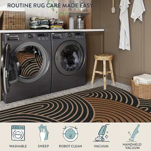 Lahome Mid Century Modern Easy Jute Rug, 5x7 Black and Brown Washable Rugs