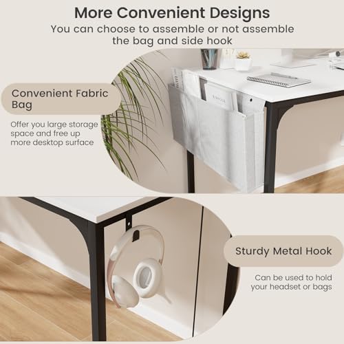 COSTWAY Home Office Desk, 32 Inch Computer Desk with Recessed Power Strip, Storage Bag & Headphone Hook, Wide Desktop, Modern Computer Workstation Writing Table for Home, Office (White + Black)