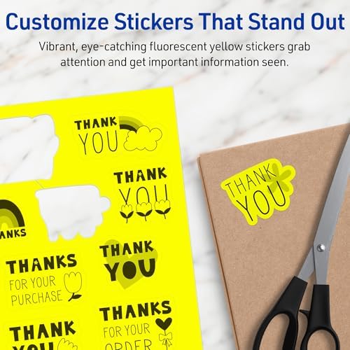 Avery Printable Sticker Paper, 8-1/2" x 11", Full-Sheet Labels, Neon Yellow Labels, Laser/Inkjet Printable, 10 Total, Great for Packaging and Stickers
