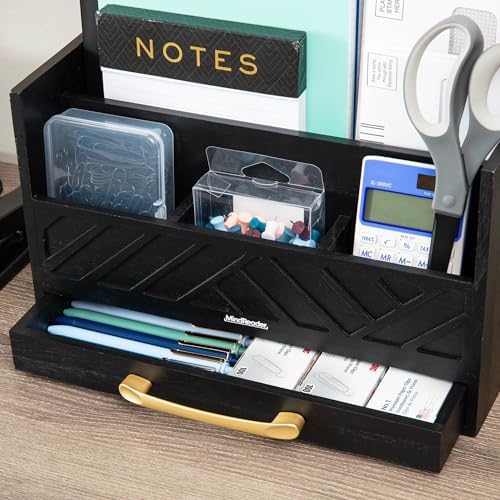 Mind Reader 5-Compartment Desktop Organizer, Rustic Wooden Storage Rack with Drawer for Papers, Accessories, and Office Supplies, 12.5" L x 4.25" W x 7.5" H, Black