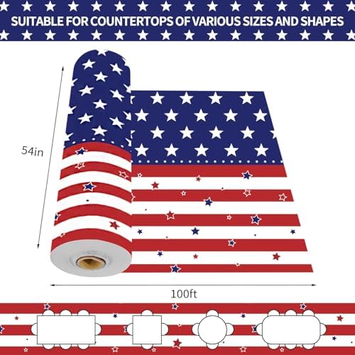 CXPSINC 54 Inch X 100 Feet 4th of July Patriotic Plastic Table Cover Roll Disposable American Flag Tablecloth with Slide Cutter for Veterans Day, Patriotic, Memorial, Fourth of July, Independence