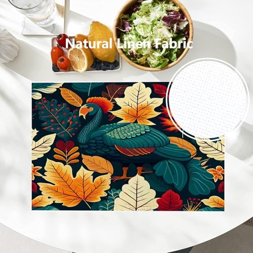 Batmerry Turquoise Thanksgiving Turkey Linen Placemats Set of 4, Autumn Berries Leaves Washable Table Mats for Kitchen Table Thickened Heat Insulation Dining Set Indoor Outdoor 12X18 in