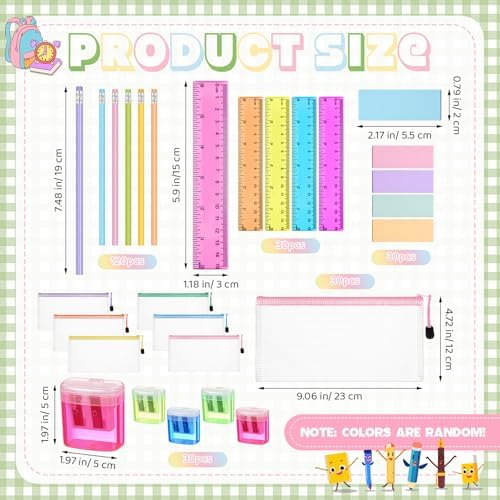 Watersay 240 Pcs Stationery Supplies Kit Includes 120 HB Writing Instruments 30 Eraser 30 Ruler 30 Sharpener 30 Mesh Zipper Pouch Bags, Stationery for Exchange Gift(Bright Colors)