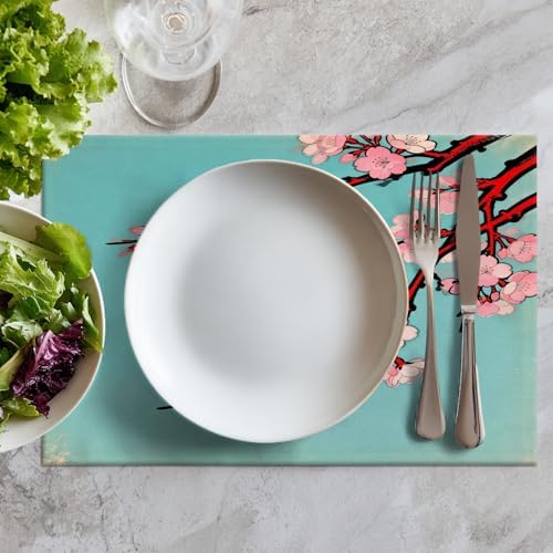 Batmerry Shabby Chic Cherry Blossom Linen Placemats Set of 6, Artistic Floral Illustration Washable Table Mats for Kitchen Table Thickened Heat Insulation Dining Set Indoor Outdoor 12X18 in