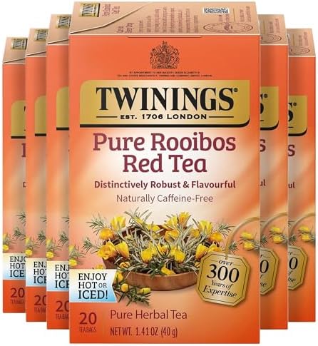 Twinings Pure Rooibos Red Herbal Caffeine-Free Tea Bags 20 CT Box (6 Pack)