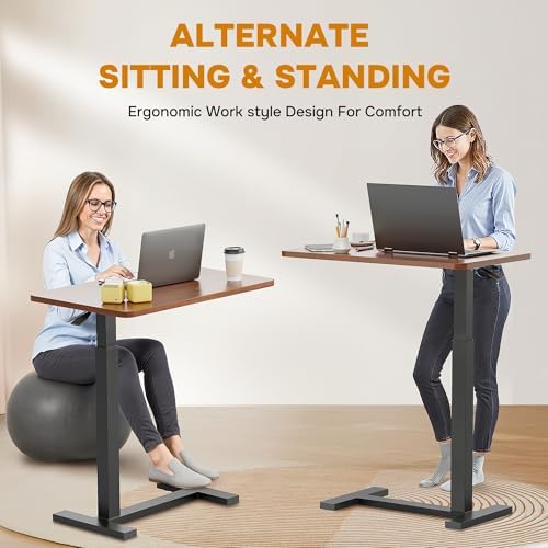 Adjustable Overbed Bedside Table with Wheels, Rolling Laptop Table, Pneumatic Adjustable Hospital & Home Use Bed Table, Mobile Standing Desk, Brown