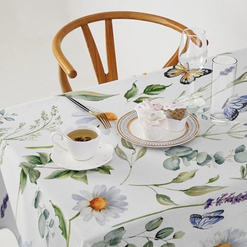 Watercolor Wildflowers Tablecloth, Summer Daisy Lavender Eucalyptus Branches Leaves Print Table Cover for Tea Party Weddings Indoor Outdoor Dining 60x120in