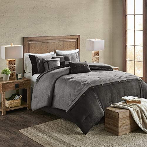 Madison Park Faux Suede Queen Comforter Set with Bed Skirt, Grey 7pc
