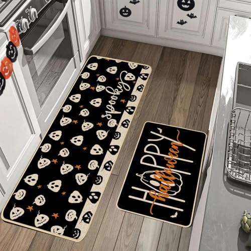 Baccessor Happy Halloween Kitchen Mats Set of 2, Spooky Pumpkins Bats Black Kitchen Rugs for Floor Low-Profile Farmhouse Fall Halloween Party Home Decor 17x29 and 17x47 Inch