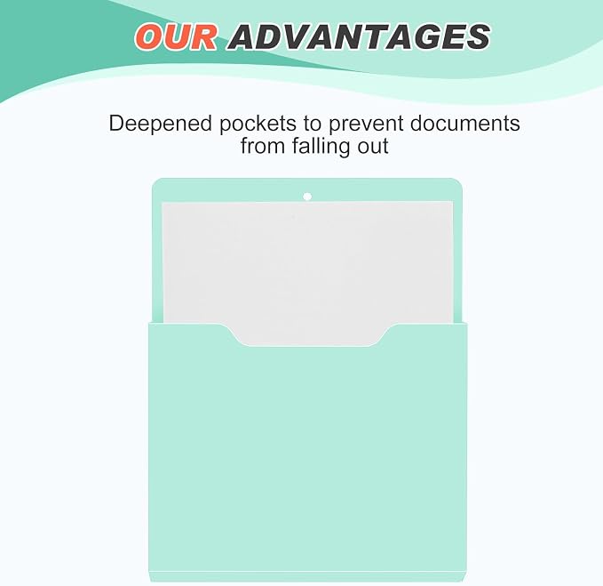Feifeiya 2 Pcs Magnetic File Folder Wall Hanging Holder Large Pocket Paper Magazine Mail Organizer for Refrigerator Classroom Locker Whiteboard(Vertical,Mint Green,12.2 x 9.4 Inches)