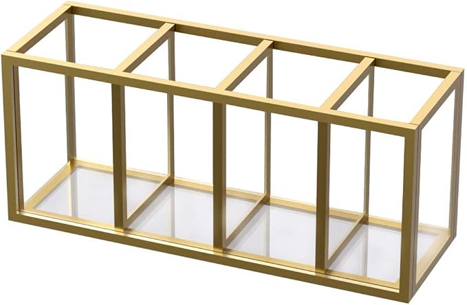 NIUBEE Gold Acrylic Pen Holder 4 Compartments, Desk Office Pencil Cup Desk | Scratch-resistant thick acrylic with 4 slots for pens, pencils, makeup brushes, office, vanity and school use
