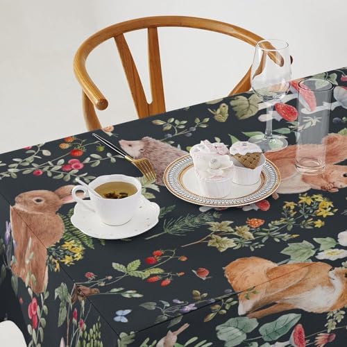 Watercolor Forest Tablecloth, Rustic Woodland Animals Squirrel Rabbit Fox Wild Flower Mushroom Leaves Print Table Cloth Cover for Kitchen Dining Indoor Outdoor Decor 60x90in