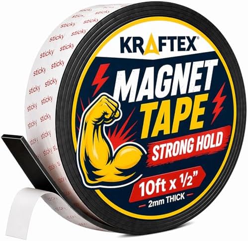 Kraftex Magnetic Tape: 10ft x 1/2" Magnetic strips with Adhesive Backing. Sticky, Flat Magnets for Crafts, Magnet labels & Stickers. Magnets with Adhesive Backing are Great for Home, School and Office