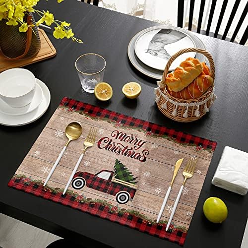 Christmas Tree Farmhouse Placemats Set of 4, Red Buffalo Plaid Truck Cotton Line Stain Resistant Table Mats Washable Holidays Merry Xmas Placemat Decoration For Kitchen Dining Table Merry Xmas
