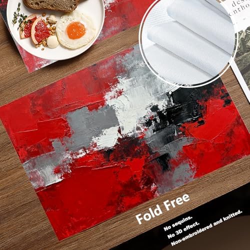 Batmerry Abstract Oil Painting Linen Placemats Set of 8, Art Red Grey Scarlet Modern Artwork Washable Table Mats for Kitchen Table Thickened Heat Insulation Dining Set Indoor Outdoor 12X18 in