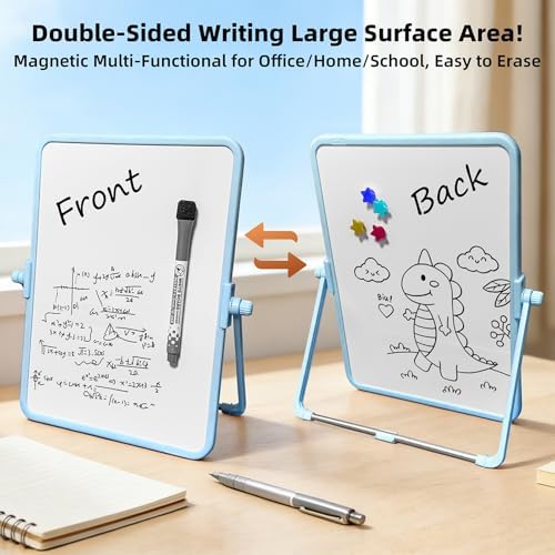 Colorful Dry Erase White Board 8.3x11in, Magnetic Desktop Board with Stand, 2 Markers (Eraser Head), 4 Magnets - Double-Sided Easel for Daily Planning, Memo, Office/Home/School (Blue)