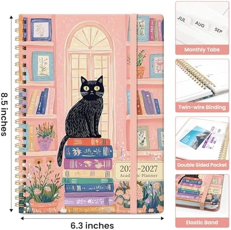 Planner 2026-2027, Jul 2026-Jun 2027 Academic Monthly & Weekly Planner | 6.3" x 8.5" Hardcover Pretty Calendar Planner for Women, Spiral Organizer for School Office Home Supplies, Bookish Kitty