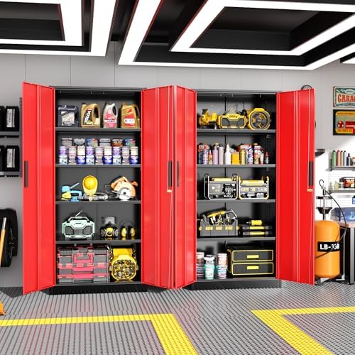 Greenvelly Metal Garage Storage Cabinet with Lock, 72" Metal Storage Cabinet with 2Doors and 4Adjustable Shelves, Steel Tool Cabinet for Home Office, School,Gym (Black&Red)