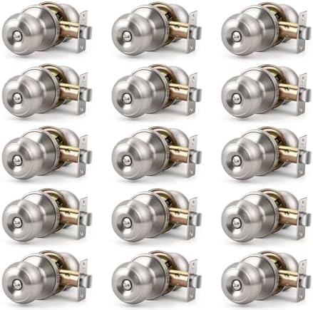 KNOBWELL Brushed Nickel Door Knobs for Bedroom or Bathroom, Interior With Round Knob, Satin Nickel Privacy With Lock, Keyless Turn Lock, 15 Pack