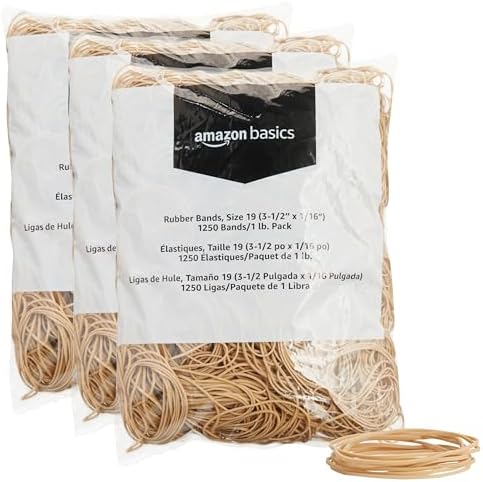 Amazon Basics Rubber Bands, Office Supplies, Size 19 (3-1/2 x 1/16 Inch), Stretchy, 1250 Bands/1 lb. Pack, 3-Pack, Tan