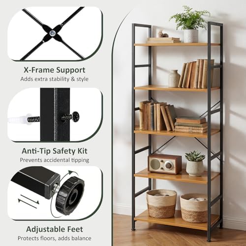 5 Tier Bookshelf, Free Standing Bookcase with Open Storage Shelves