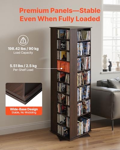 VEVOR Media Storage Cabinet, CD Rack Tower, 34 Compartments Rotating Media Tower Rack for CDs, DVDs, Books and Game Discs, DVD Stand for Living Room, Home Office and Recording Room, Brown