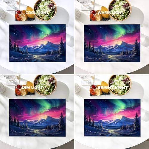 Batmerry Winter New Year Linen Placemats Set of 4, Auroras Pink Skies Snowy Mountains Washable Table Mats for Kitchen Table Thickened Heat Insulation Dining Set Indoor Outdoor 12X18 in