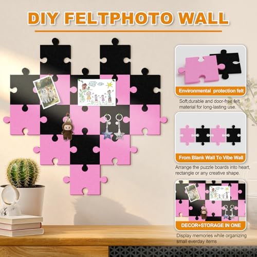 Large Felt Bulletin Board, 16-Pack Cork Board Alternative for Walls Decor, with 60Pushpins, 80Damage-Free Adhesive, DIY Shape Frameless Collage Set for Office, Home, Classroom