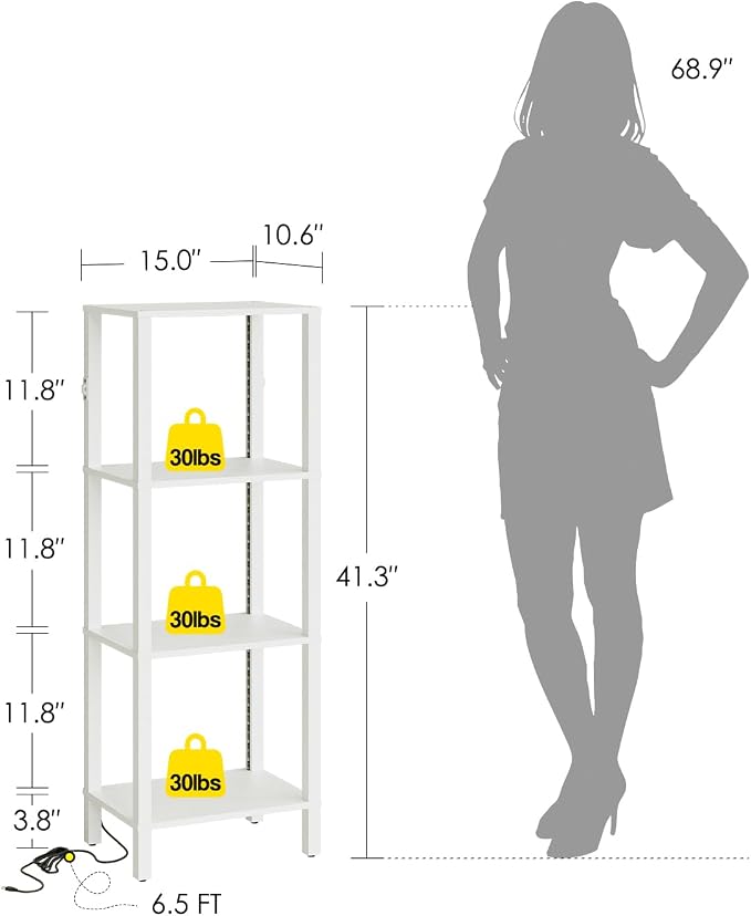 Open Book Shelf with LED Lights, 4 Tier Small Bookshelf, Narrow Freestanding Shelf Bookcase with Open Shelves, 14.96" x 10.63" x 41.26", Book Shelves for Living Room, Office, Study, White