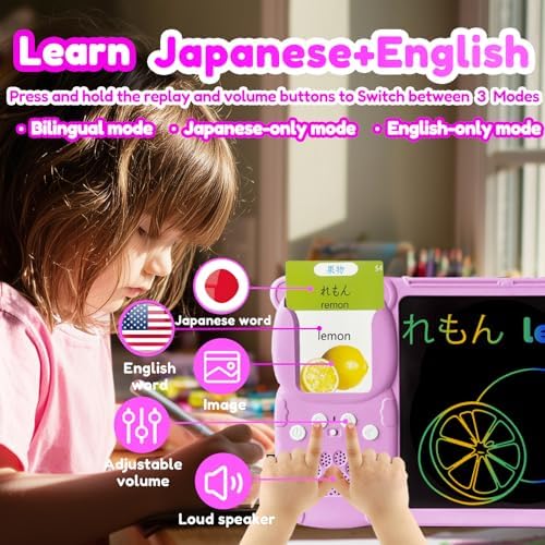 Writing Tablet with Bilingual Flash Cards for Kid, Japanese Pink