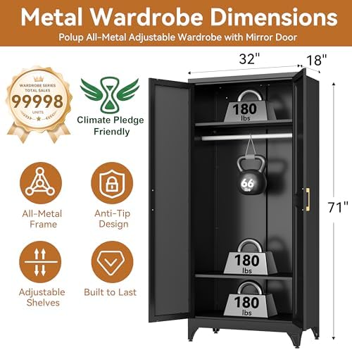 Polup Metal Armoire Wardrobe Closet with Mirror, 71" Tall Black Cabinet